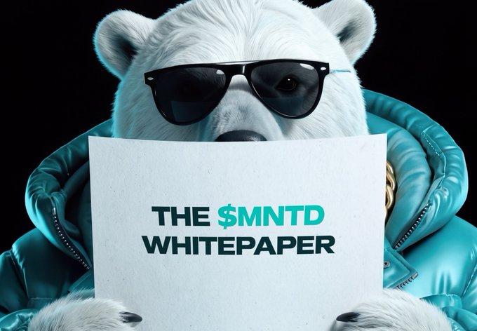 A white bear wearing sunglasses and a teal puffer jacket holds a sign reading "THE $MNTD WHITEPAPER." The image cleverly personifies the formal $MNTD whitepaper document as a "cool" character, visually emphasizing the importance of diving into the paper's details—particularly its 15% treasury allocation out of 1 billion $MNTD, as highlighted in the post.