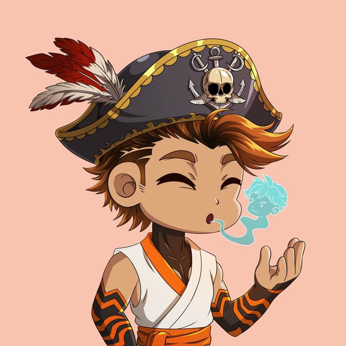 A chibi-style cartoon pirate character with a skull-and-crossbones tricorn hat exhales a cyan ghostly figure shaped like a second, smaller pirate head, whimsically symbolizing NFTs as disembodied digital "spirits" released from the original artwork.