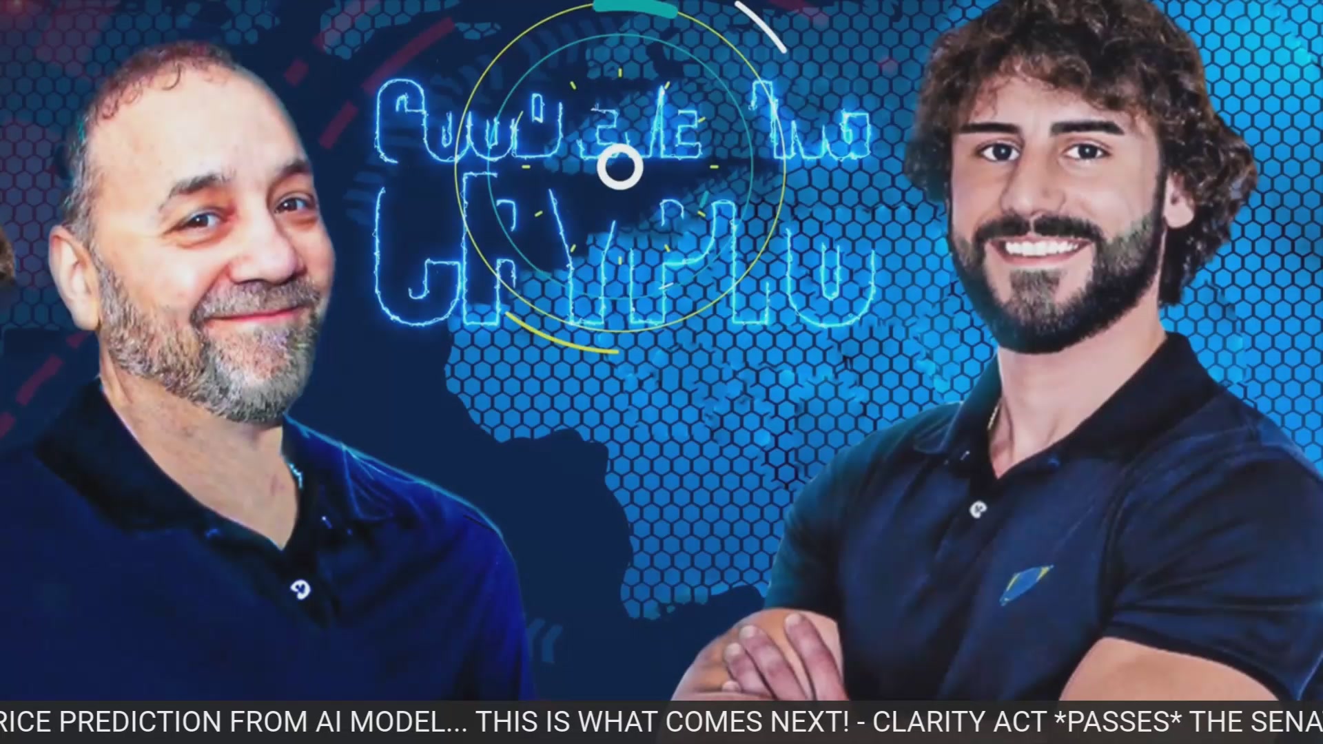The image features two men with beards, both wearing blue shirts, standing next to each other against a blue background. The man on the left has his arms crossed over his chest, while the man on the right has his arms folded across his chest. They are positioned in front of a neon sign that says "BREAKING: RIPPLE $XRP TO ACquire CIRCLE $USDC ? *CLARITY ACT* PLAN TO TOKENIZE $127 TRILLION!". The image also contains text, which reads "Riccardo Dei Modello from AI Model. This is what comes next- clarity act passes tesla sena".