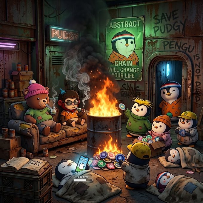 An illustrated scene depicts a group of cartoon penguin and bear characters in a gritty, industrial hideout around a burning barrel fire, with graffiti reading 'SAVE PUDGY PENGU' and a poster saying 'ABSTRACT CHAIN WILL CHANGE YOUR LIFE' and 'PUDGY'.