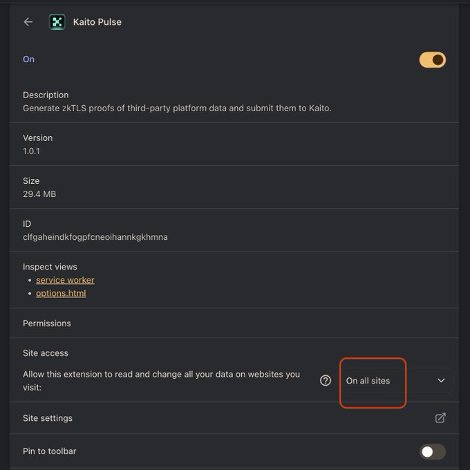 A Chrome extension settings page for 'Kaito Pulse' (version 1.0.1, 29.4 MB) shows the extension is turned on, with the 'On all sites' site access permission highlighted by an orange box.