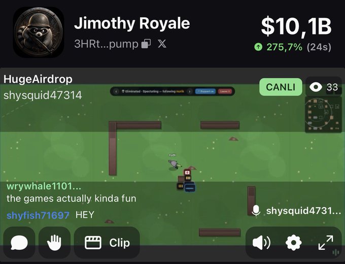 A livestream titled 'Jimothy Royale' with $10.1B value shows a 'HugeAirdrop' game in progress, with viewers chatting including comments 'the games actually kinda fun' and 'HEY'.