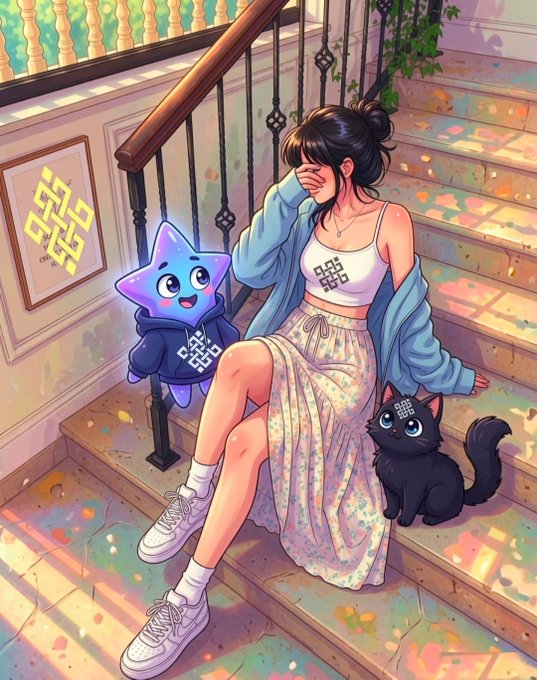 An anime-style illustration of a girl with dark hair in a white top and blue cardigan sitting on a staircase beside a cute blue star-shaped character (wearing a QR-code hoodie) and a small black cat, with a framed QR code artwork on the wall.