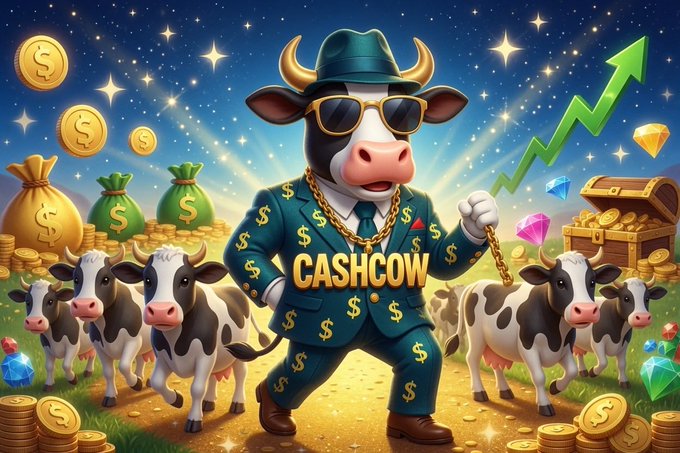 A stylish cartoon cow in a dollar-sign suit, sunglasses, and green cap struts forward surrounded by smaller cows, piles of gold coins, treasure chests, and a rising green arrow, with "CASHCOW" displayed across its chest—visually embodying the $COW meme coin's "cash cow" theme of wealth, momentum, and community growth as it launches on Solana.