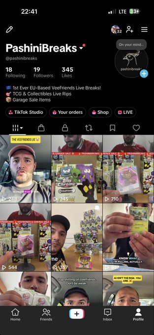 A TikTok profile page for "PashiniBreaks" (@pashinibreaks) with 345 likes, featuring live break streams and collectibles content in the video grid.