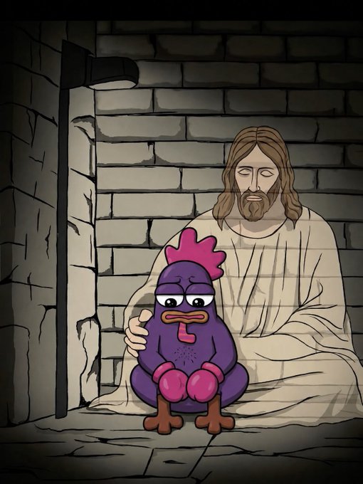 A cartoon scene depicting a melancholic purple chicken with a pink crest being comforted by a figure resembling Jesus in a stone cell.