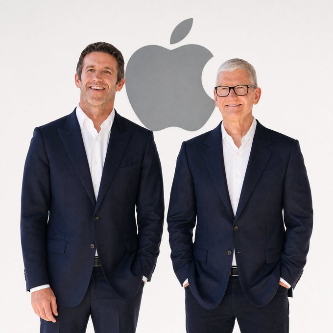Two smiling men in navy suits stand side by side in front of a large Apple logo; the man on the right wears glasses.