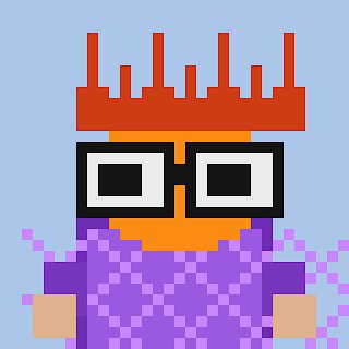 A pixel art character wears a purple checkered poncho, black square glasses, and a red crown-like headdress against a light blue background.