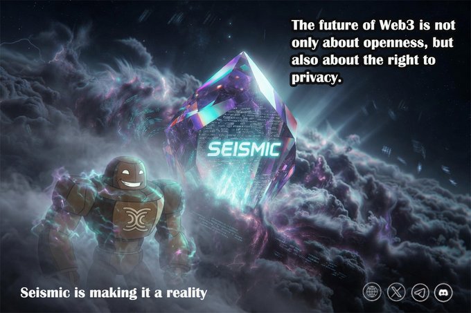 A promotional image for 'SEISMIC' featuring a robot and a crystal with code, with text stating 'The future of Web3 is not only about openness, but also about the right to privacy' and 'Seismic is making it a reality'.