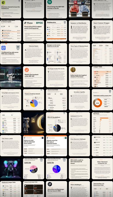 A grid view of multiple crypto/finance article thumbnails covering topics like 'Effortless cleanest by base the Stablebound', 'DTCC Pilume', 'Plume joins DTCC's digital assets working group', and 'MetaMask first buyback under $META token'.