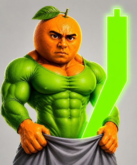 A muscular orange-headed superhero flexes his green-clad chest while holding a large green candlestick chart that glows brightly. The image playfully illustrates the poster's "day full of green candles" wish, symbolizing bullish market gains with the candlestick pointing upward.