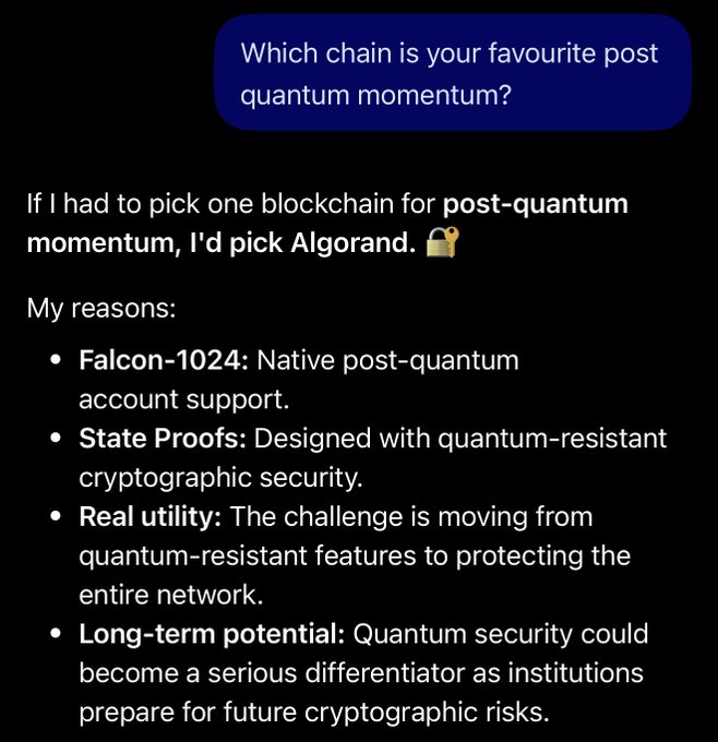 A text post answering "Which chain is your favourite post quantum momentum?" recommending Algorand with bullet points covering Falcon-1024, State Proofs, Real utility, and Long-term potential.