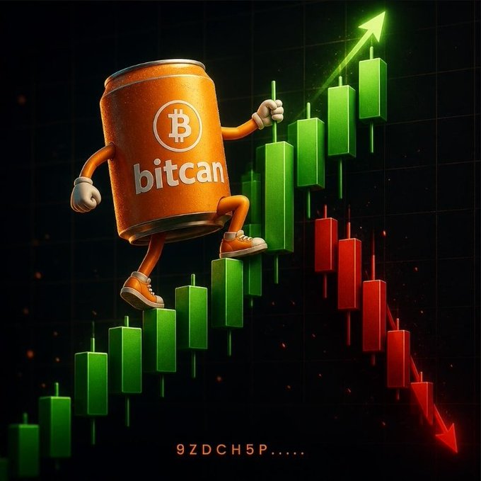 A 3D illustration of an anthropomorphic orange can labeled 'bitcan' with a Bitcoin logo walks up green bullish candlesticks while red bearish candlesticks fall, with the alphanumeric code '9ZDCH5P....' displayed below.