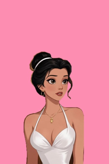 A digital illustration depicts a woman with dark hair styled in an updo, wearing a white halter top and gold jewelry, against a solid pink background.