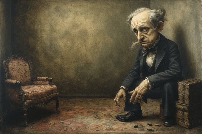 A classical painting depicting an elderly, distinguished man in a dark suit sitting on a box in a sparsely furnished room, looking down at his hands.