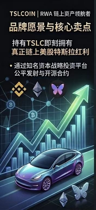 A drawing of a car is shown, which appears to be a model or poster related to a meme featuring an electric car or Bitcoin-related imagery with "TSLC" being one of them. The content displayed includes text elements such as "tslcoin", "RWA", and Chinese characters including those for the currency and cryptocurrency names. Additionally, there is a butterfly and a rose depicted in the image which might symbolize growth and beauty. The car model appears to be an electric vehicle, possibly representing the development of sustainable technology or finance, connected with Bitcoin through its association with energy-efficient operations.