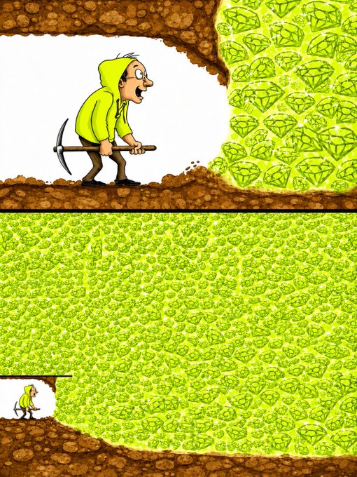 The image depicts a meme-style video game scene where a small miner in a yellow hoodie digs up an enormous pile of glittering green gems, visually representing "what Base could have been if they didn't fumble so many opportunities"—the massive untapped treasure symbolizing missed potential, while the tiny miner reflects how close Base came to striking it big.