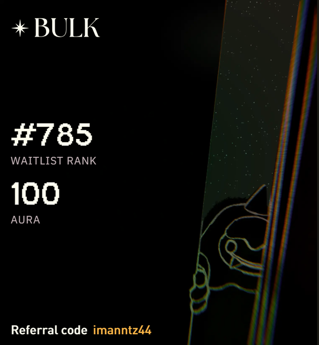 The image features a poster with a black background that says "I got the AURA I needed after just one week. Big thanks to the @bulktrade team, they're doing an amazing job." The poster also includes a code for a website called "referralscope".