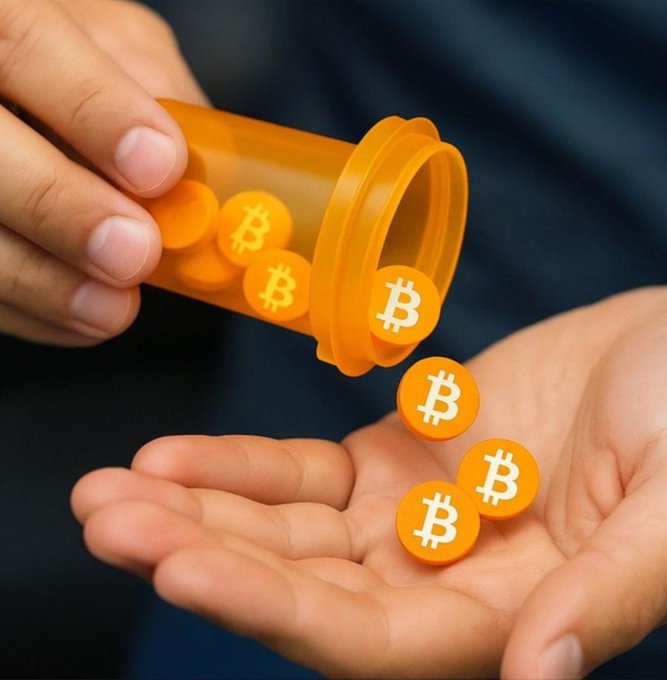 A hand pours orange Bitcoin coins (marked with the "₿" symbol) from an orange prescription pill bottle into another open palm, humorously comparing cryptocurrency to taking daily medication as a "morning routine."