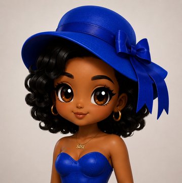 A 3D cartoon-style illustration of a dark-skinned girl with curly black hair, wearing a blue wide-brimmed hat with a bow and a matching blue strapless top, with a "SSS" necklace visible. The image aligns with the post's theme of being a cute "crush PFP" (profile picture) avatar, fitting the aesthetic often shared alongside phrases like "The crush PFP" or "The crush wallet."