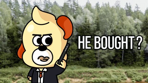 The image features a cartoon dog wearing a suit standing next to a forest with trees behind him. Below the dog's head, there is text that reads "he bought?". The text also includes an exclamation mark at the end of each sentence. This suggests that the image might be related to a humorous or satirical post about someone who has recently purchased something and is now trying to get rid of it by nuking it.