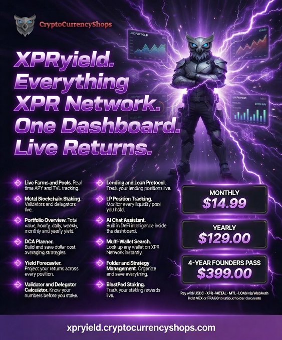 The image features a poster for XPRyield Premium, which is a cryptocurrency exchange that offers live returns. The poster includes an illustration of a person with a sword and shield, symbolizing strength and protection against market fluctuations. The poster also displays various statistics about the platform, such as the number of farms available, the amount of LPs (Long Private Coins), staking options, and the DCA planner for managing investments. Additionally, there are details on how to use the platform, including a validator and stakeholder calculator, as well as information on farming, lending, and strategy management services provided by XPRyield Premium.