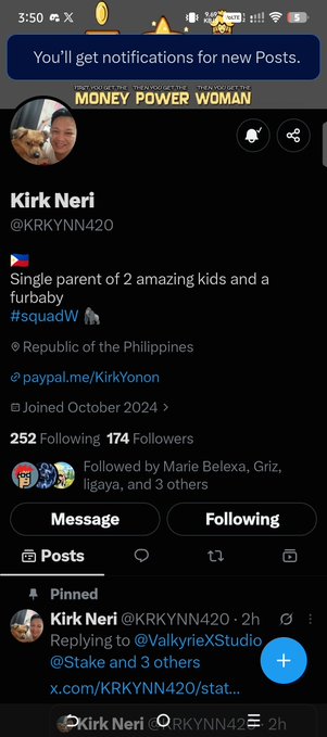 A Twitter/X profile for Kirk Neri (@KRKYNN420) showing bio details "Single parent of 2 amazing kids and a furlady #squadW" with 252 Following and 174 Followers.