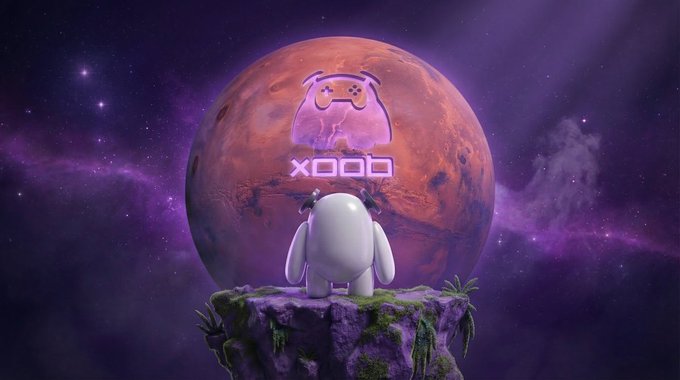 The image features a white robot standing on top of a cliff, looking out at a large planet with a purple sky. The caption below the image reads "Creators have spent years building audiences and shaping trends, often without receiving real ownership or rewards in return. @XOOBNetwork is changing that narrative. There's a 2M XP reward pool where every post earns ImpactShare points."