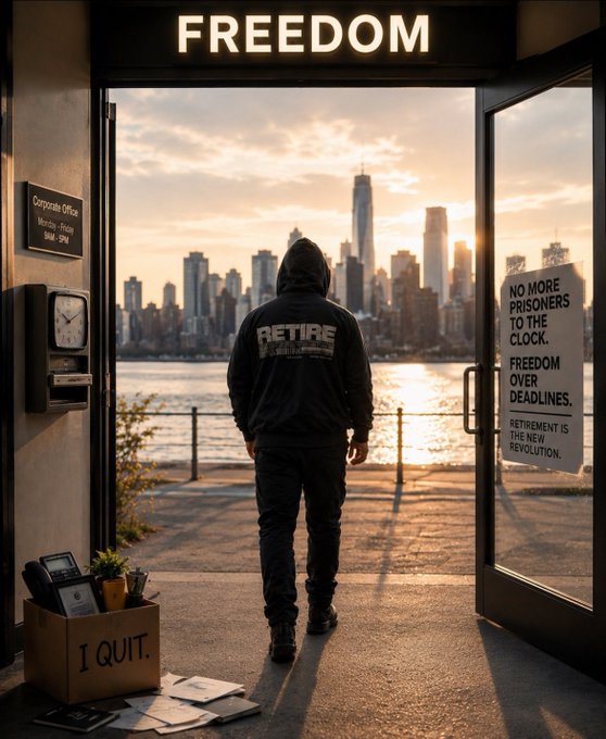The image shows a man walking out of an office building with his back facing the camera. He is wearing a black jacket, which has "Retire" written on it. The setting appears to be near a body of water or a river, as there are buildings in the background and a clock visible in the scene. The post also mentions retirement, so it seems that the man's attire might be related to his future plans for retirement.