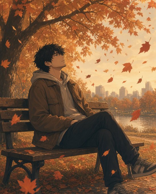 An anime-style illustration of a young man sitting on a park bench under a tree with falling autumn leaves, looking up at the sky with a cityscape in the background.