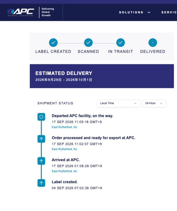 An APC Postal Logistics tracking page showing a shipment status with completed steps 'Label Created', 'Scanned', 'In Transit', and a pending 'Delivered' status, with an estimated delivery between Sept 29 and Oct 1, 2026.