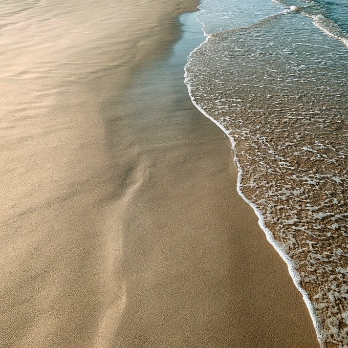An overhead view of gentle waves washing onto smooth, tan sandy beach.