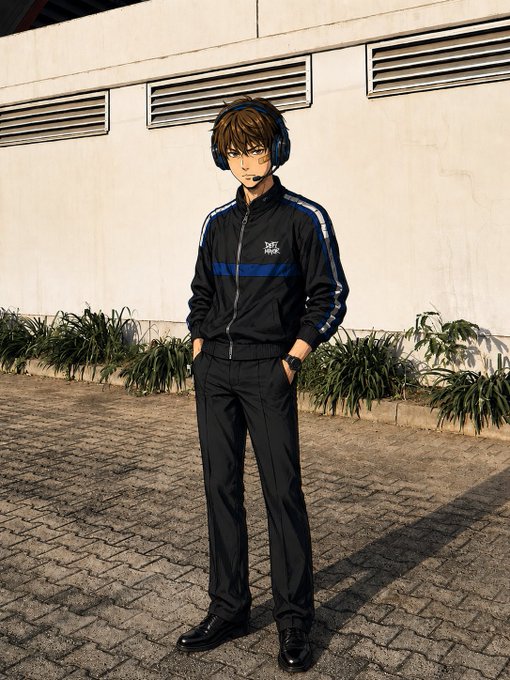 An anime-style character wearing headphones and a black tracksuit stands on a paved street near a building.