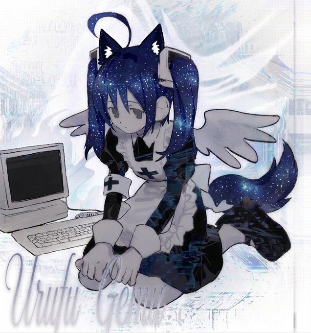 Anime-style artwork of a blue-haired catgirl character with a galaxy pattern on her hair and wings, sitting near a computer keyboard with 'Uruty Toram' written across the bottom.