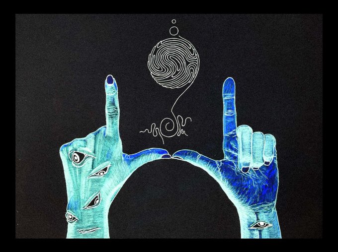 Two blue hands with multiple eyes on them are raised with index fingers pointing upward, forming an arch beneath the hand-drawn text "NOIR" and a fingerprint-patterned circle with small bubbles. The artwork, titled "HANDS EYE VIEW 'NOIR'" by Umar Farouk Osu, combines surreal symbolism with striking cyan and indigo tones against a dark background.