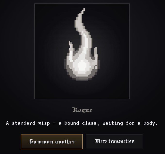 A pixel-art flame character labeled "Rogue" with the description "A standard wisp - a bound class, waiting for a body" appears on a dark NFT minting interface featuring "Summon another" and "View transaction" buttons. The image illustrates the completed minting of a Sprite from the Spritehood.io collection, priced at 0.0091 ETH ($17) with a total supply of 44,444, which reportedly sold out.