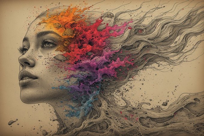 A surreal artistic illustration of a woman's face in profile with her hair transforming into flowing smoke and a vibrant explosion of orange, pink, purple, and blue colors.