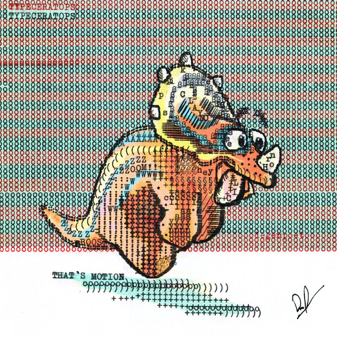 A colorful ASCII art illustration of a dinosaur made from letters and symbols with text like 'TYPECERATOPS' and 'THAT'S NOTION', signed by the artist.
