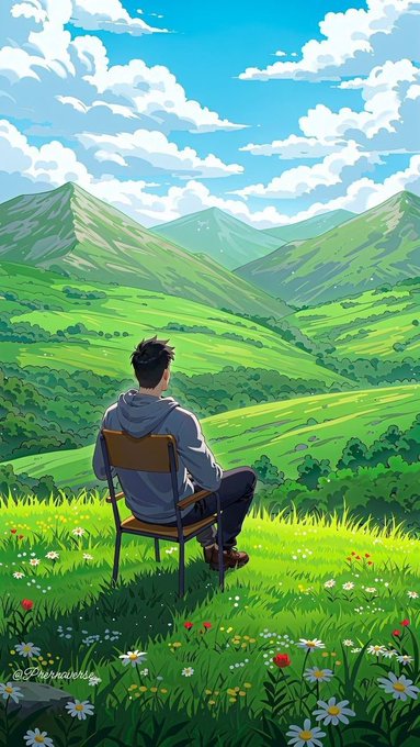 An anime-style illustration of a young man sitting in a wooden chair, gazing out at a lush green mountain valley under a cloudy blue sky.
