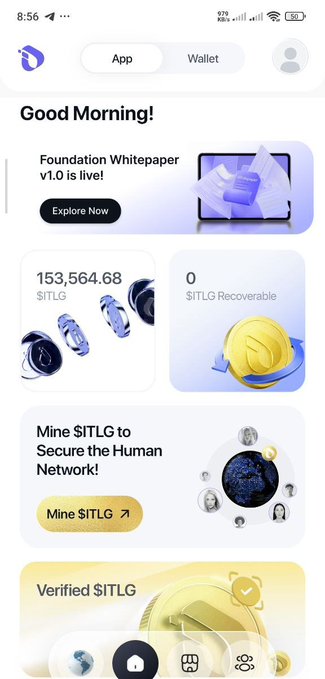 The screenshot shows the InterLink app interface displaying a balance of 153,564.68 $ITLG and zero $ITLG Recoverable, confirming the migration of vITLG to user wallets as mentioned in the post.