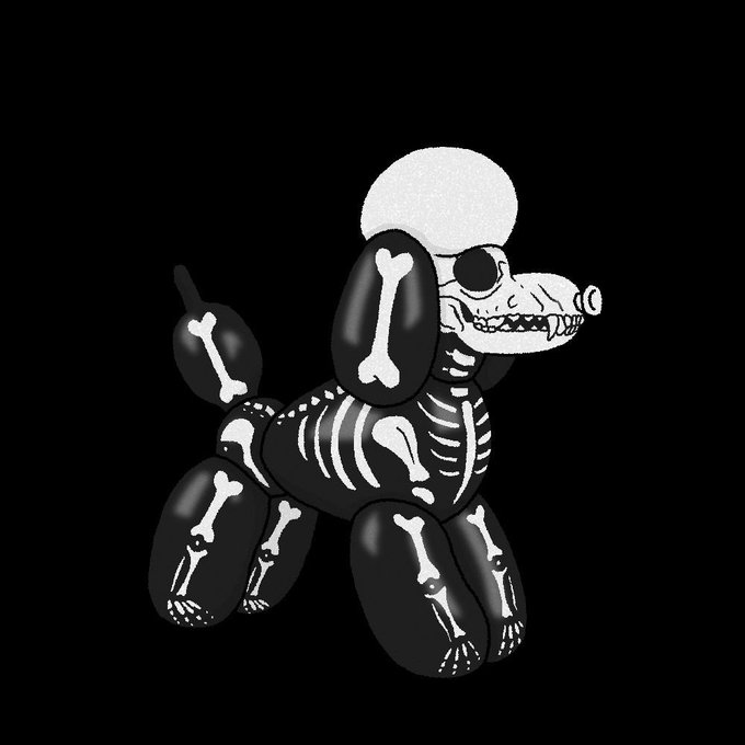 A 3D-style black balloon dog illustration with white skeleton bones printed on it, displayed against a black background.