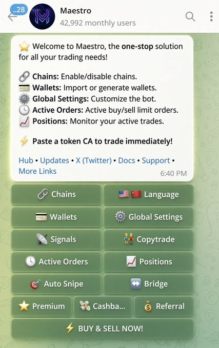 A screenshot of the Maestro Telegram trading bot (42,992 monthly users) displaying its welcome message and feature menu including Chains, Wallets, Global Settings, Active Orders, Positions, and a "BUY & SELL NOW" button, supporting the post's claim that Maestro enables trading on Arc network DEXs and launchpads with up to 30% cashback.