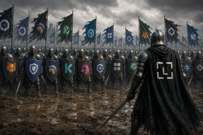 A dramatic fantasy illustration of a knight in dark armor standing before a vast army of soldiers holding shields and banners emblazoned with various tech and crypto company logos.
