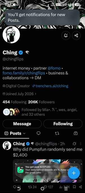 A social media profile for "Ching" (@chingflips) with a verified checkmark, showing 206K followers and a post about receiving $2,400 from Pumpfun.