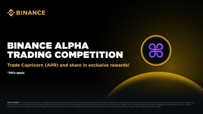 Binance promotional graphic featuring the "BINANCE ALPHA TRADING COMPETITION" with text inviting users to "Trade Capricorn (APR) and share in exclusive rewards!" displayed in white and yellow on a dark background, accompanied by the purple Capricorn logo. The image advertises the same APR trading event with $200K in rewards referenced in the accompanying post.