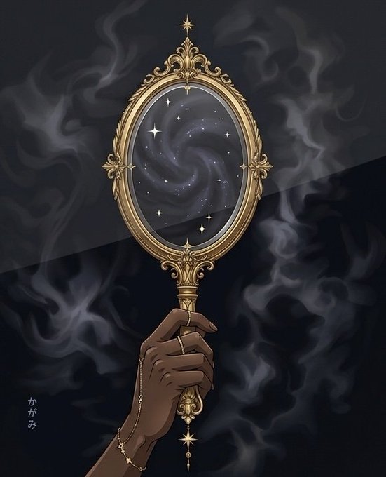 A hand with delicate gold jewelry holds an ornate gold hand mirror reflecting a swirling galaxy and stars, set against a dark background with swirling smoke.