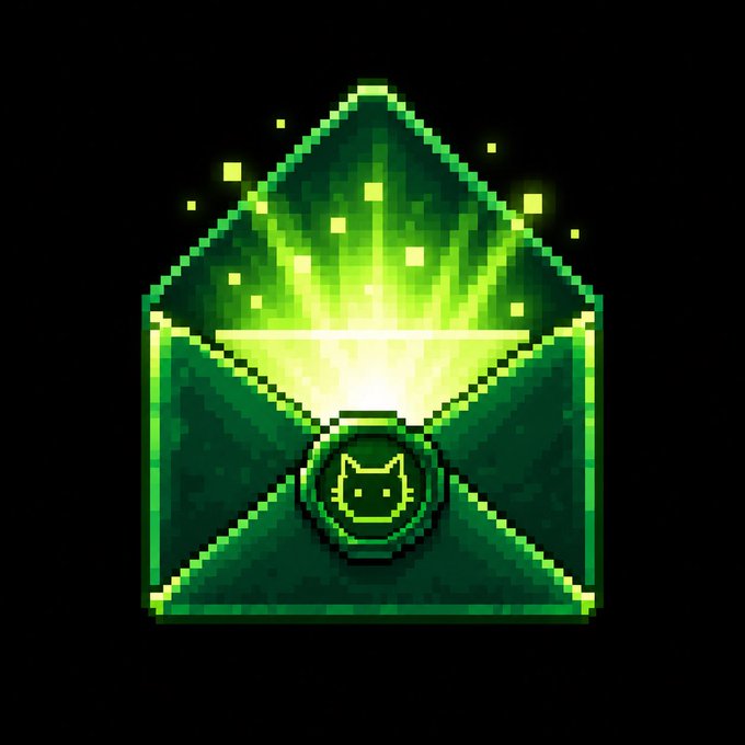 A pixel art image of an open green envelope glowing with golden light and sparkles, sealed with a circular emblem featuring a cat face, symbolizing the "ROBINCAT" message to loyal Robinhood App believers.