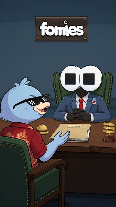 An illustration for 'fomies' shows a blue character with pixelated sunglasses meeting a character in a blue suit with a US flag pin across a table with a bell and stacks of coins.