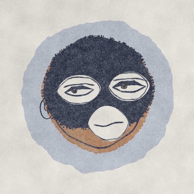 A simple hand-drawn illustration of a round face wearing a black ski mask that reveals only the eyes and mouth, set against a light blue watercolor-style circular background.