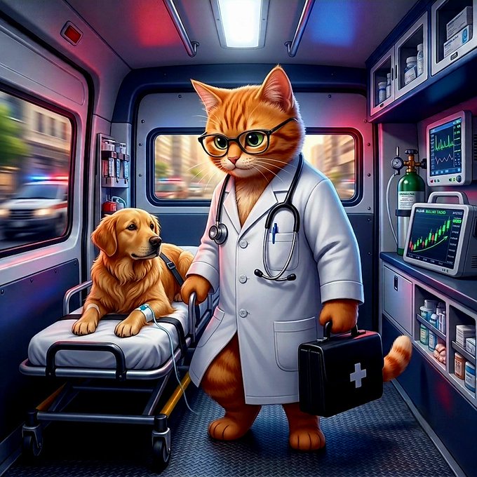 A vibrant digital illustration of an anthropomorphic orange tabby cat dressed as a doctor with glasses and a white coat, carrying a medical bag while pushing a golden retriever on a stretcher inside an ambulance.